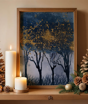 Mystical forest landscape with gold splatter art