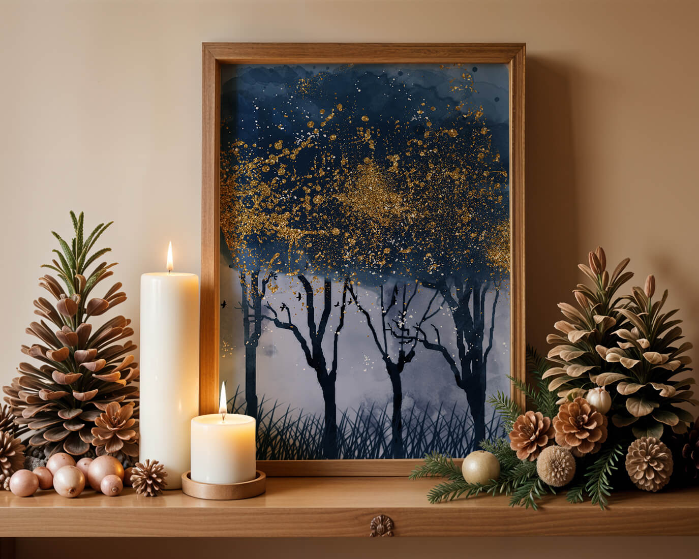 Mystical forest landscape with gold splatter art