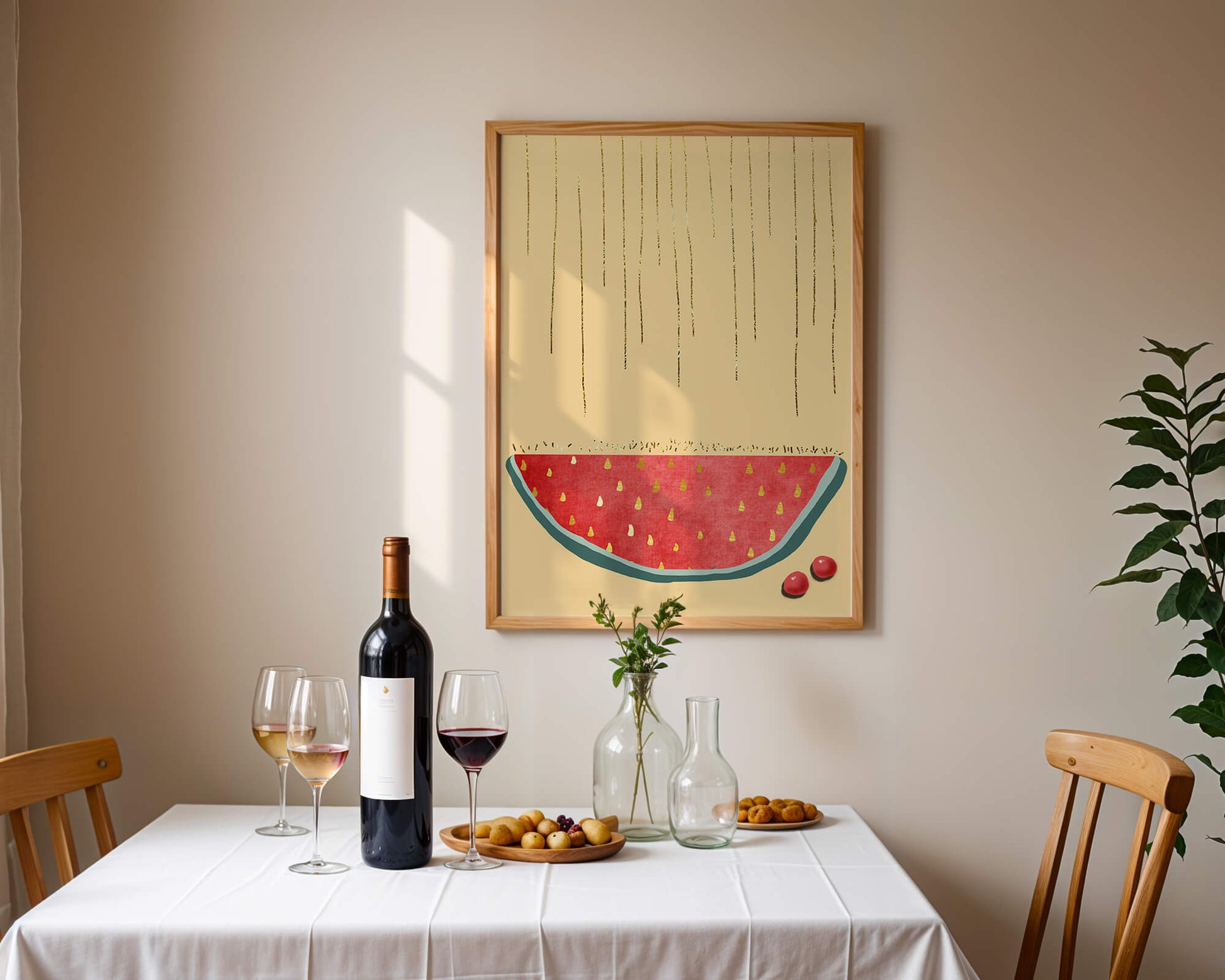 Abstract Watermelon Slice with Gold Accents on Minimalist Background