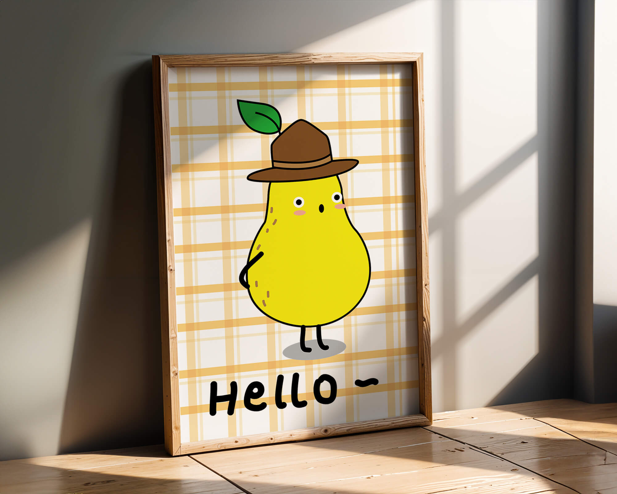 Cartoon pear character with hat on plaid background