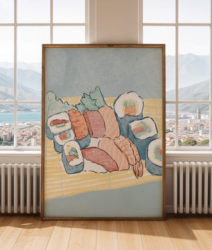 Illustration of assorted sushi rolls with shrimp and salmon on a bamboo mat