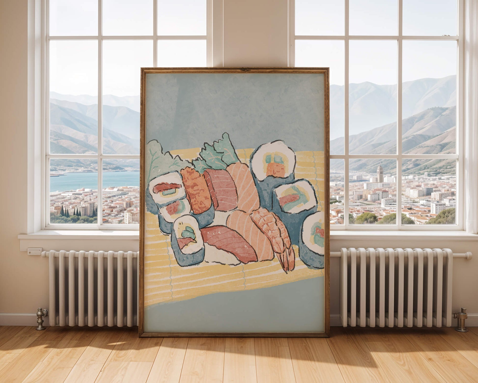 Illustration of assorted sushi rolls with shrimp and salmon on a bamboo mat