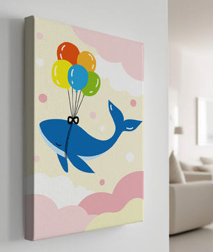 Skurriler Wal, der mit bunten Luftballons fliegt