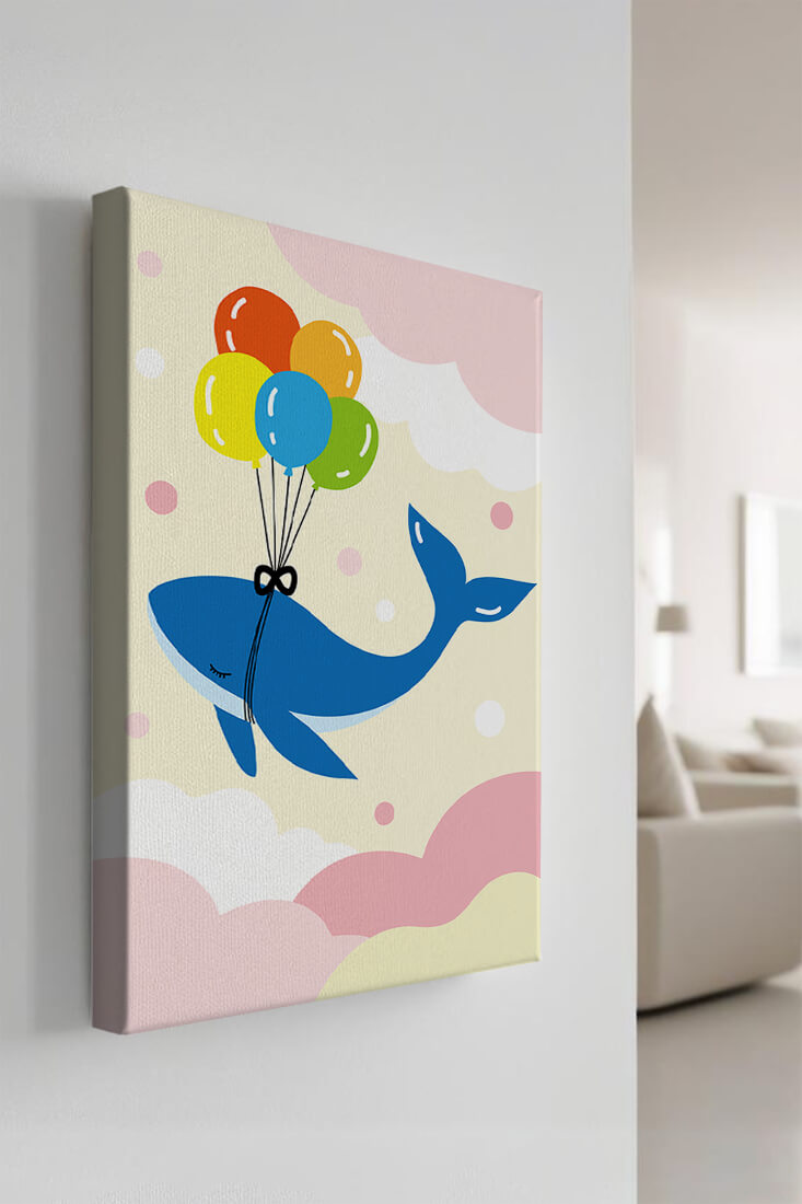Skurriler Wal, der mit bunten Luftballons fliegt