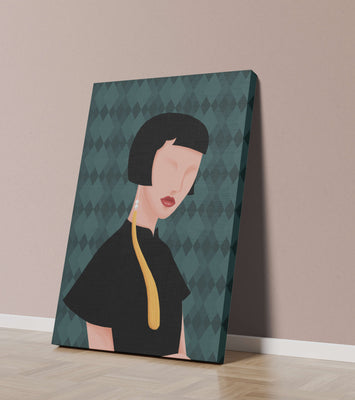 Elegant woman with short hair and golden earring on patterned background