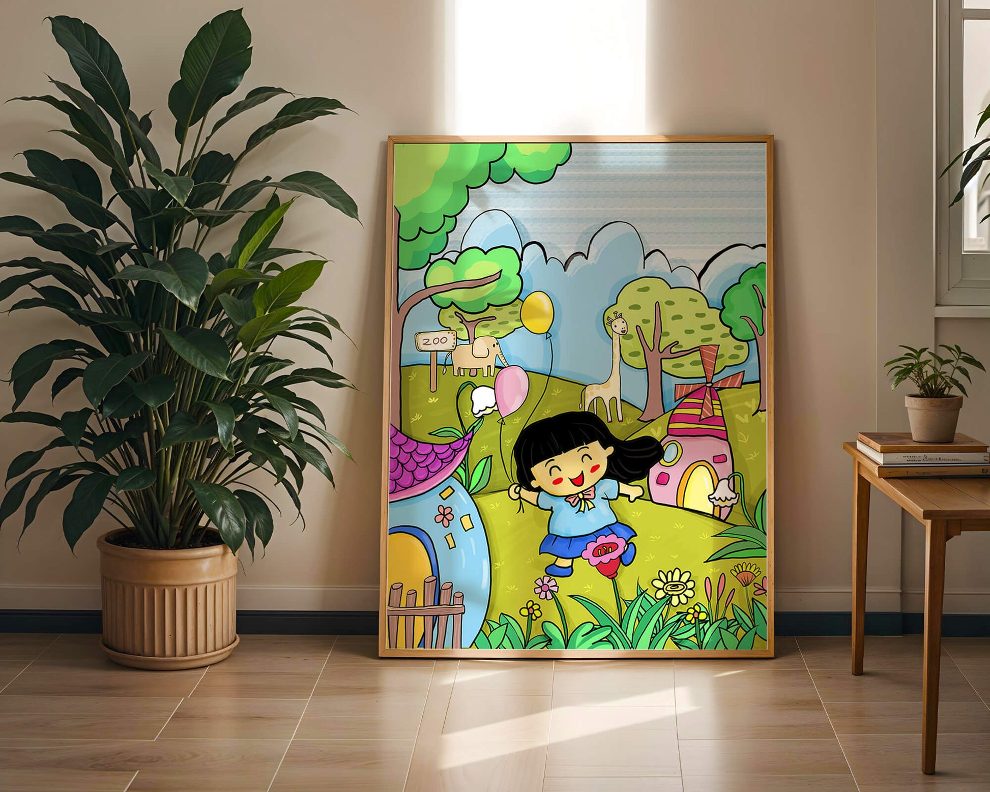 Colorful children's illustration of a joyful zoo visit with animals