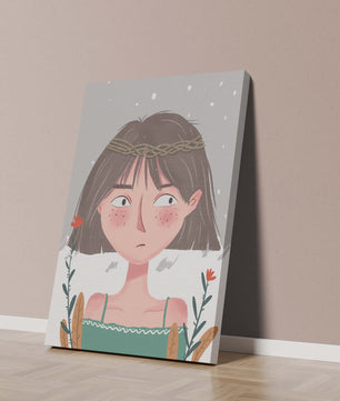 Illustrated girl with a braided crown, floral accents, and expressive features