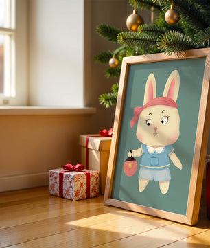 Illustration d'un lapin cartoon avec un bandeau et un sac rond