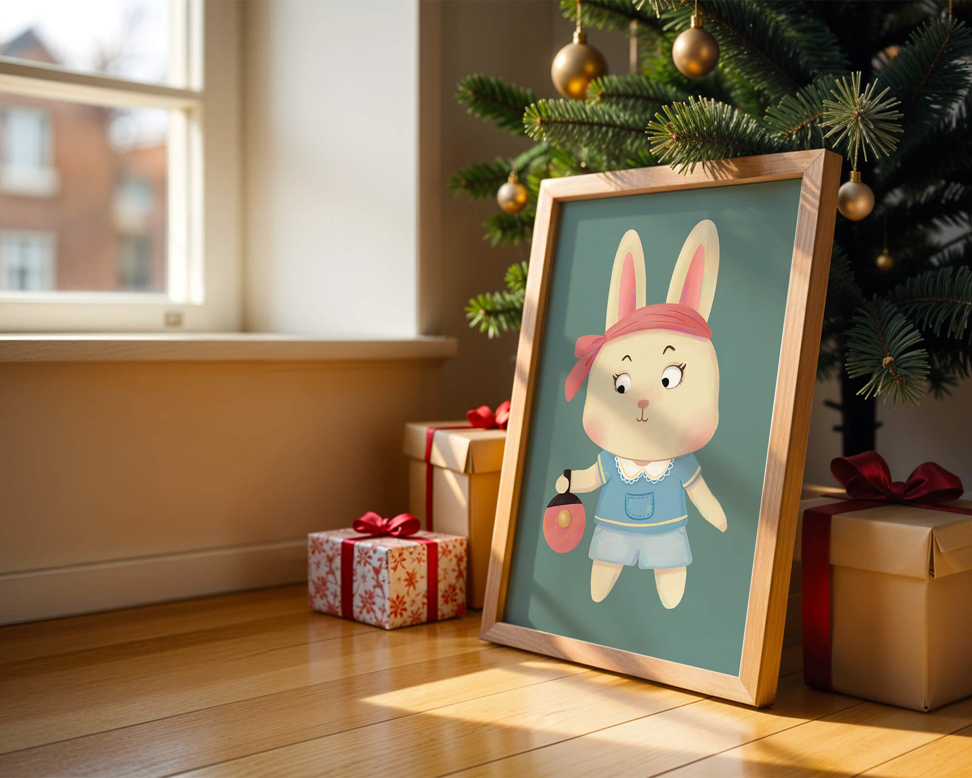 Illustration d'un lapin cartoon avec un bandeau et un sac rond