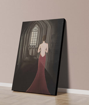 Elegant woman in a red dress inside a gothic hallway