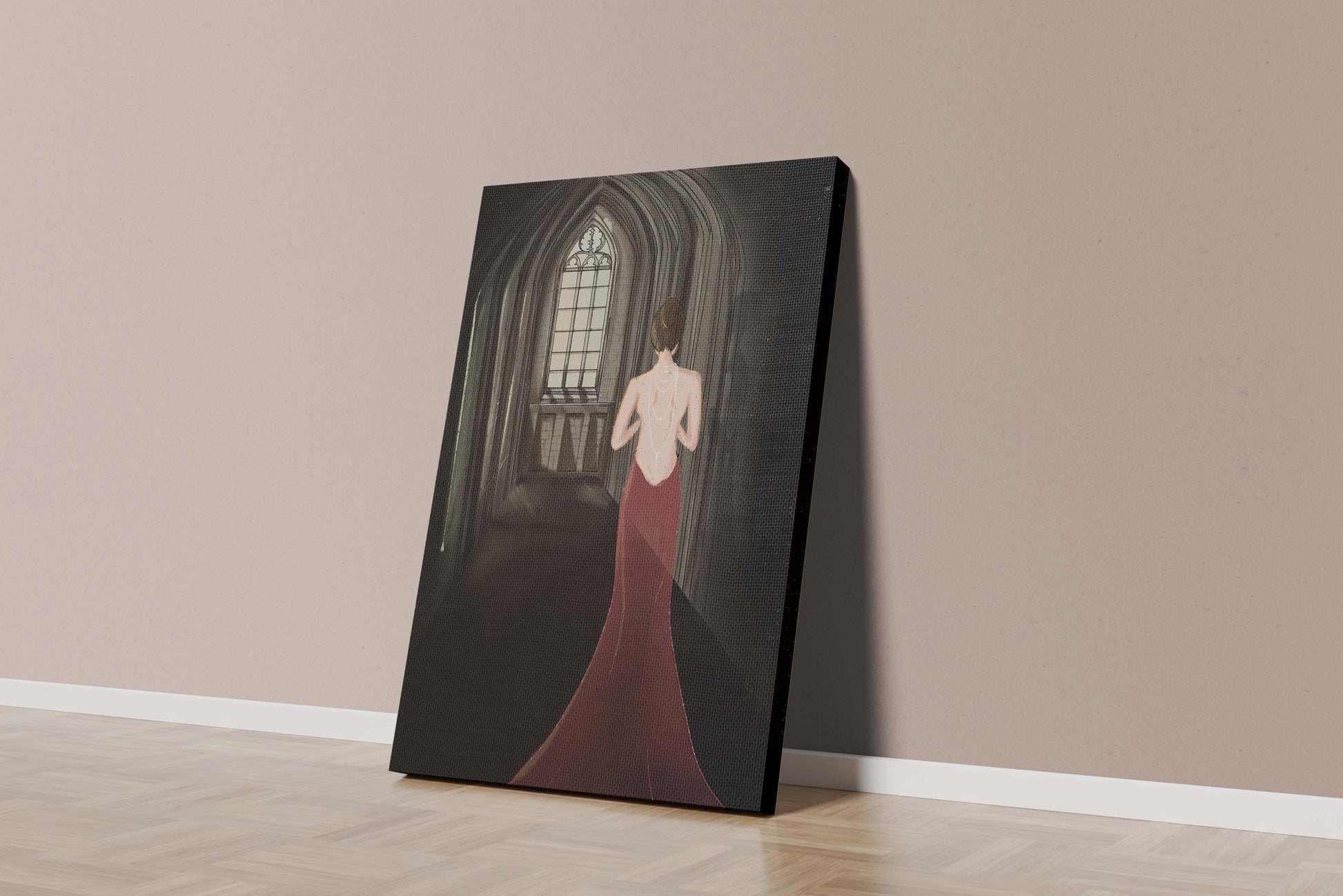 Elegant woman in a red dress inside a gothic hallway