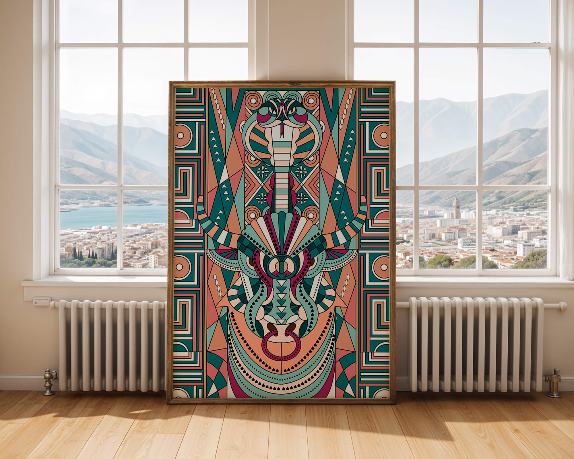 Patrón geométrico de animales con toro y cobra en colores vibrantes