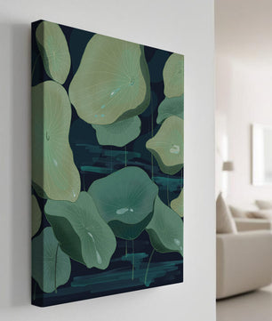 Green lily pads on a dark water background illustration
