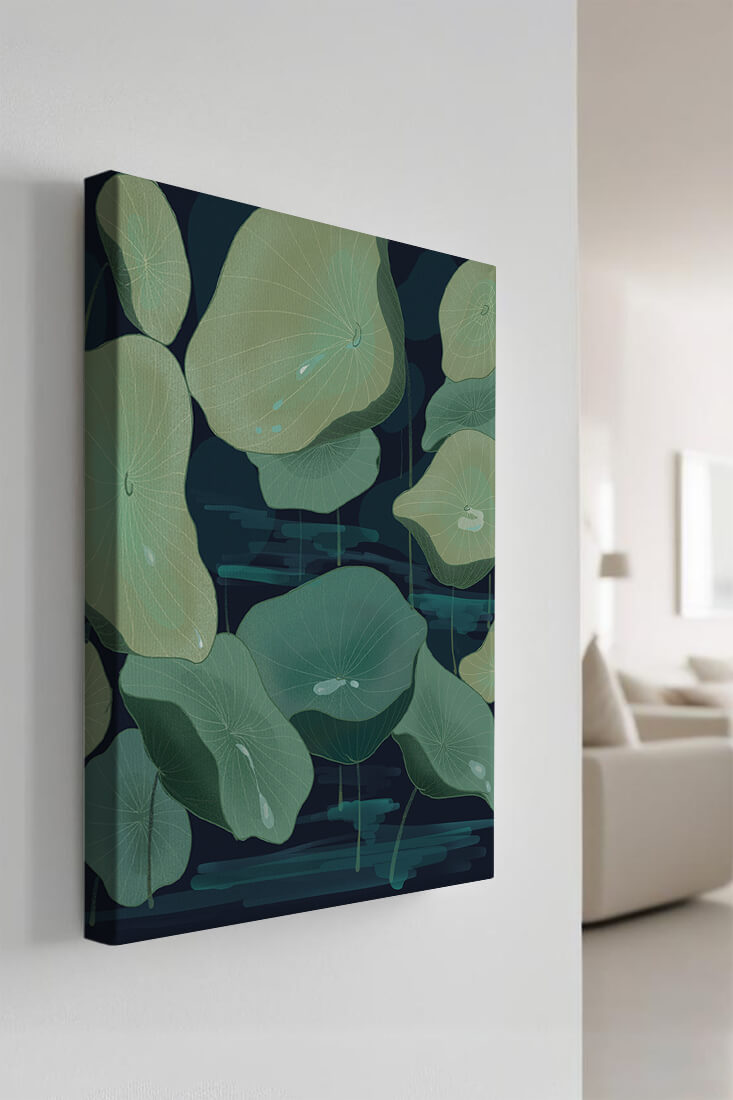 Green lily pads on a dark water background illustration