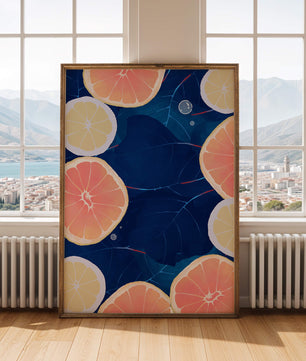 Frutas cítricas coloridas sobre fondo oscuro de hojas