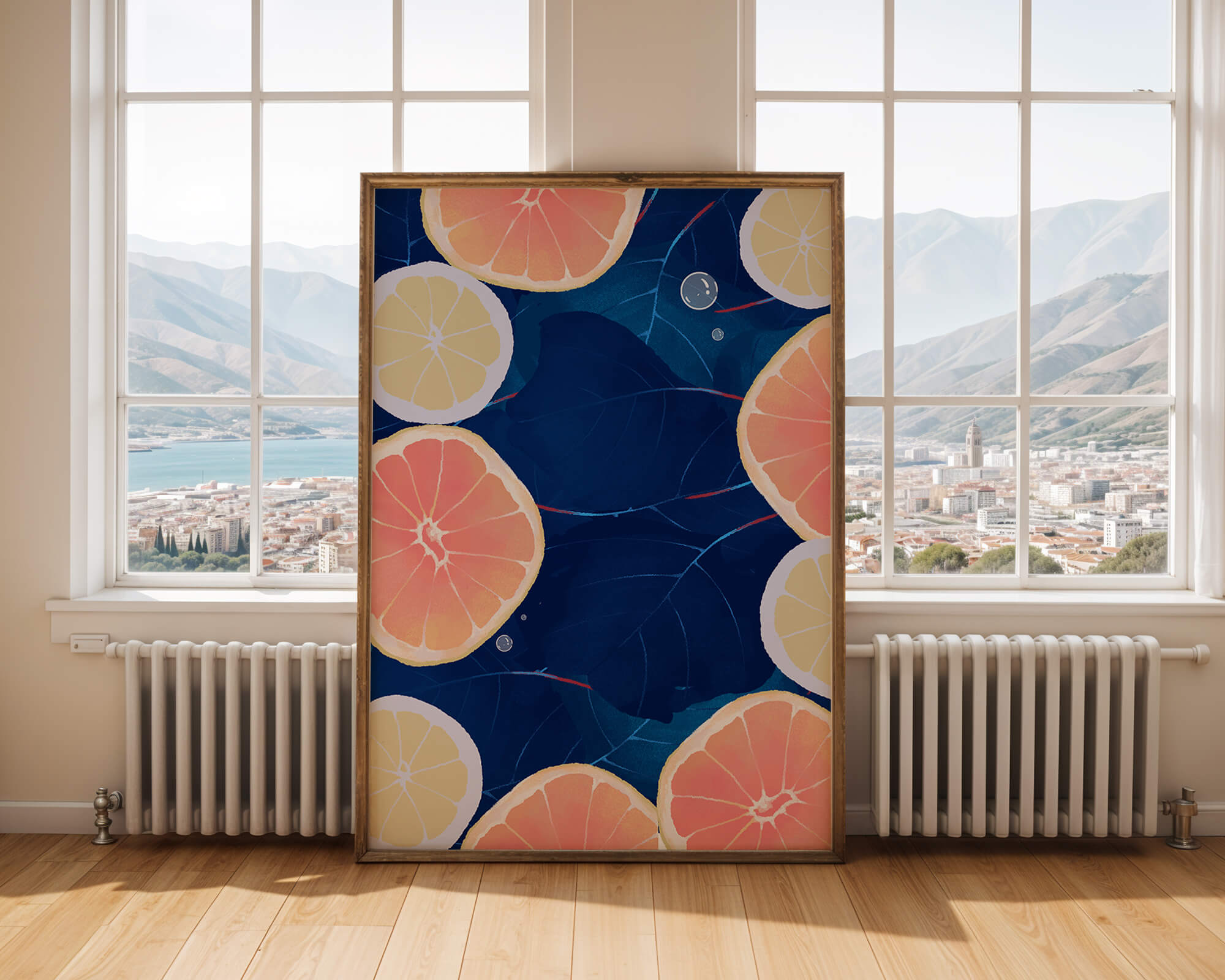 Frutas cítricas coloridas sobre fondo oscuro de hojas