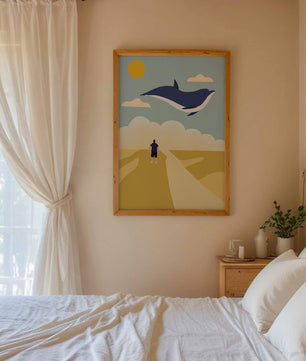 Surreal Landscape with Flying Blue Whale and Human on Desert Path