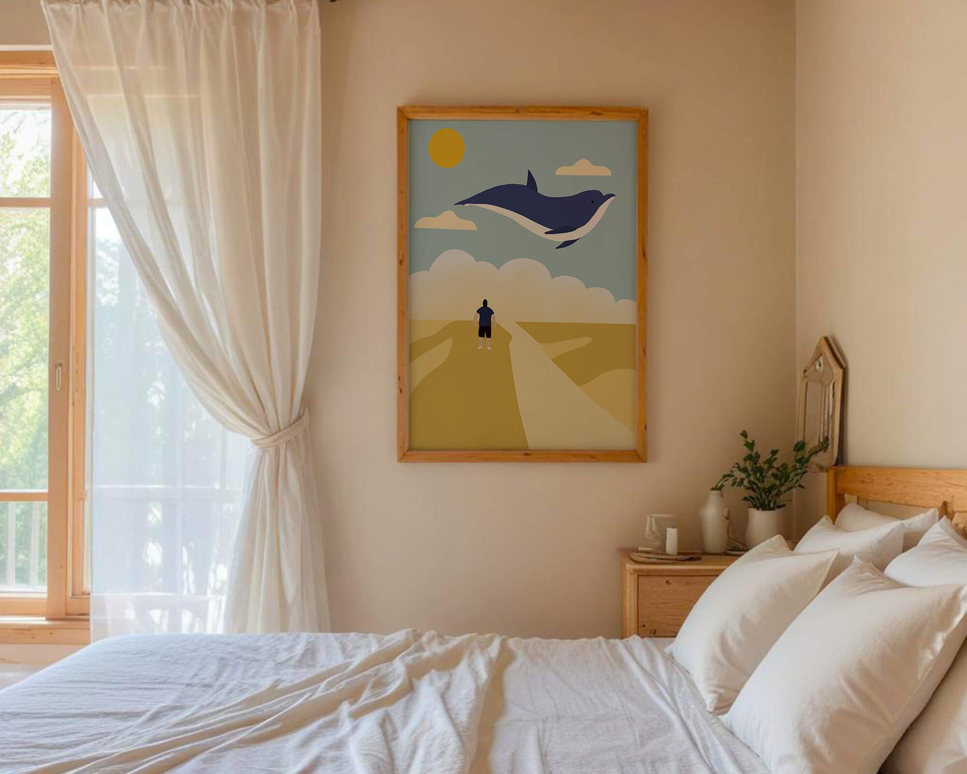 Paisaje surrealista con ballena azul voladora y humano en camino desértico