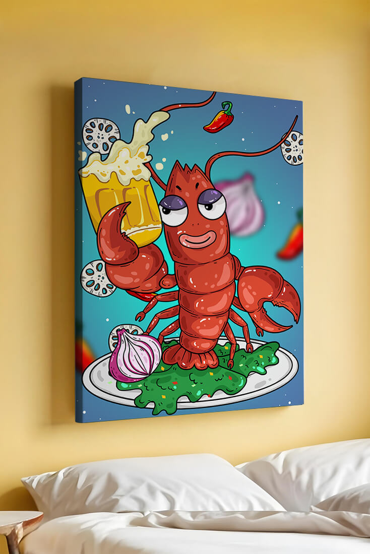 Playful cartoon lobster holding a beer in a whimsical setting
