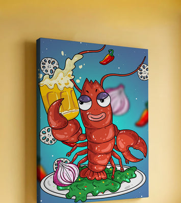 Playful cartoon lobster holding a beer in a whimsical setting
