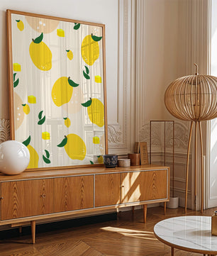 Playful lemon pattern with green leaves and abstract shapes