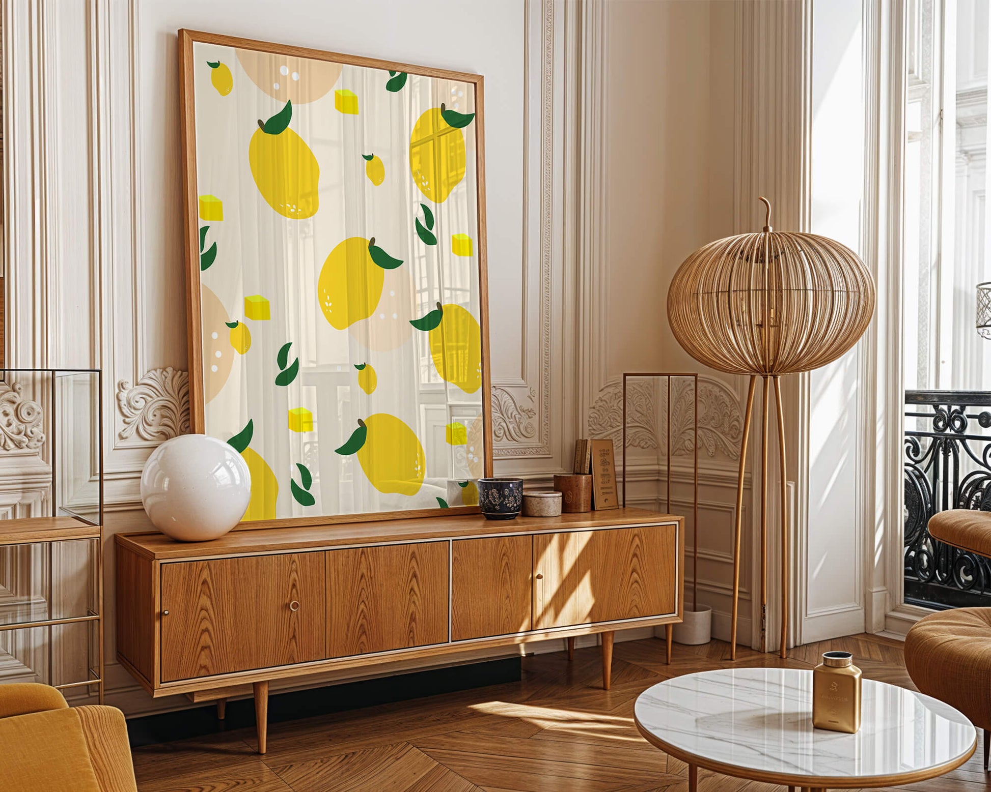 Playful lemon pattern with green leaves and abstract shapes