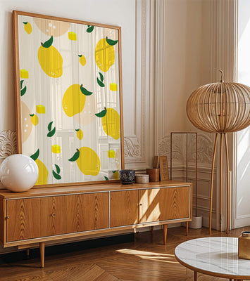 Playful lemon pattern with green leaves and abstract shapes