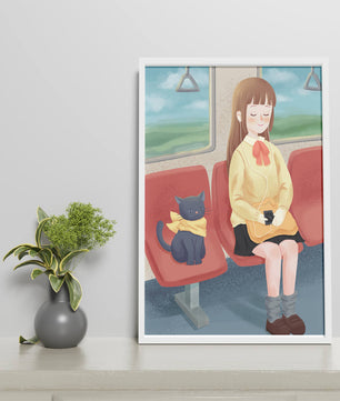 Viaje en tren tranquilo con una chica y su gato ilustrado