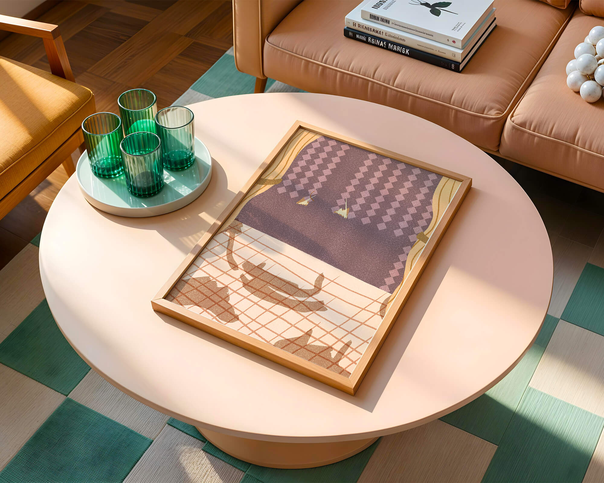 Abstract Interior with Cats' Shadows on Checkered Floor