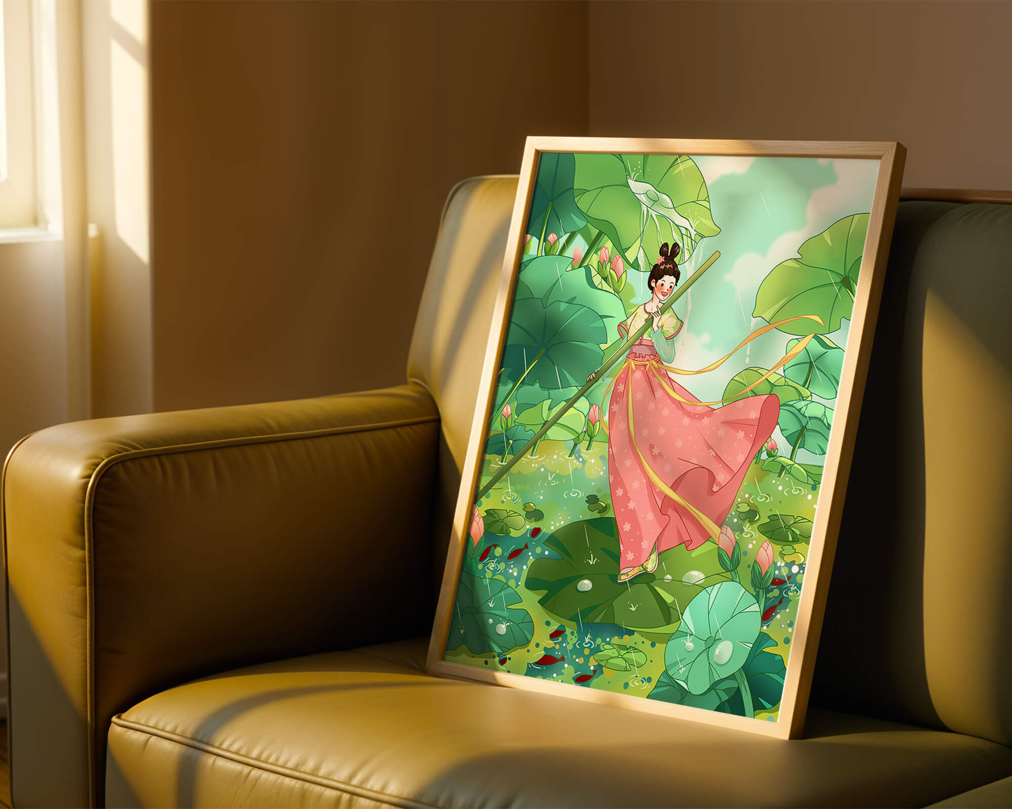 A whimsical scene of a girl in traditional dress among vibrant lotus leaves