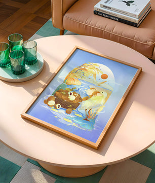 Serene landscape with a bird, fruit basket, and golden reeds under a bright sun