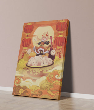 Charming festive fantasy illustration featuring lanterns and playful characters