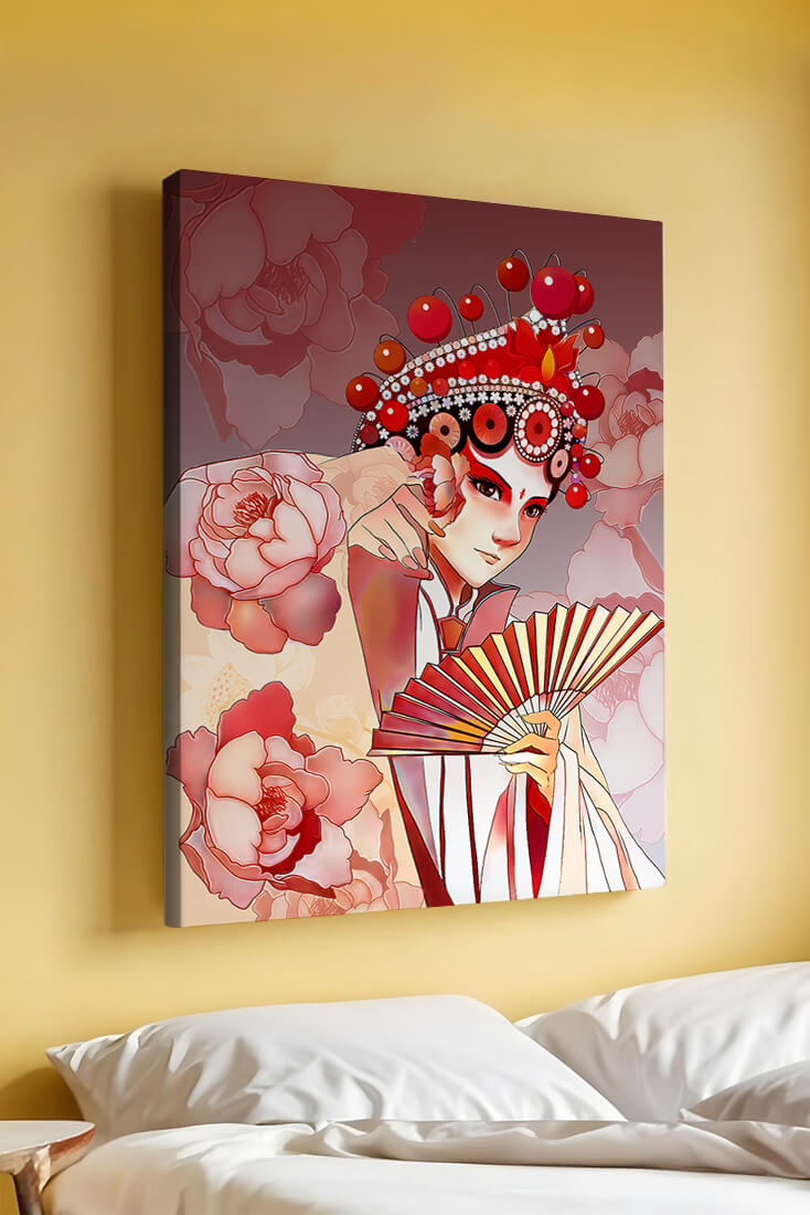 Traditional Asian artwork with floral motifs and ornate headpiece