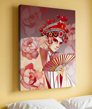 Traditional Asian artwork with floral motifs and ornate headpiece