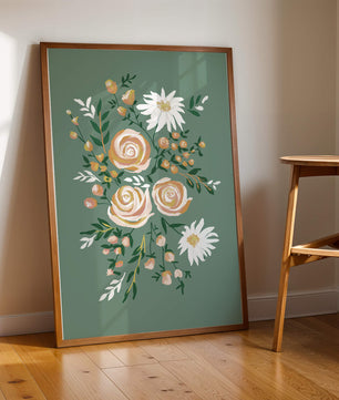 Floral illustration with roses and daisies on green background