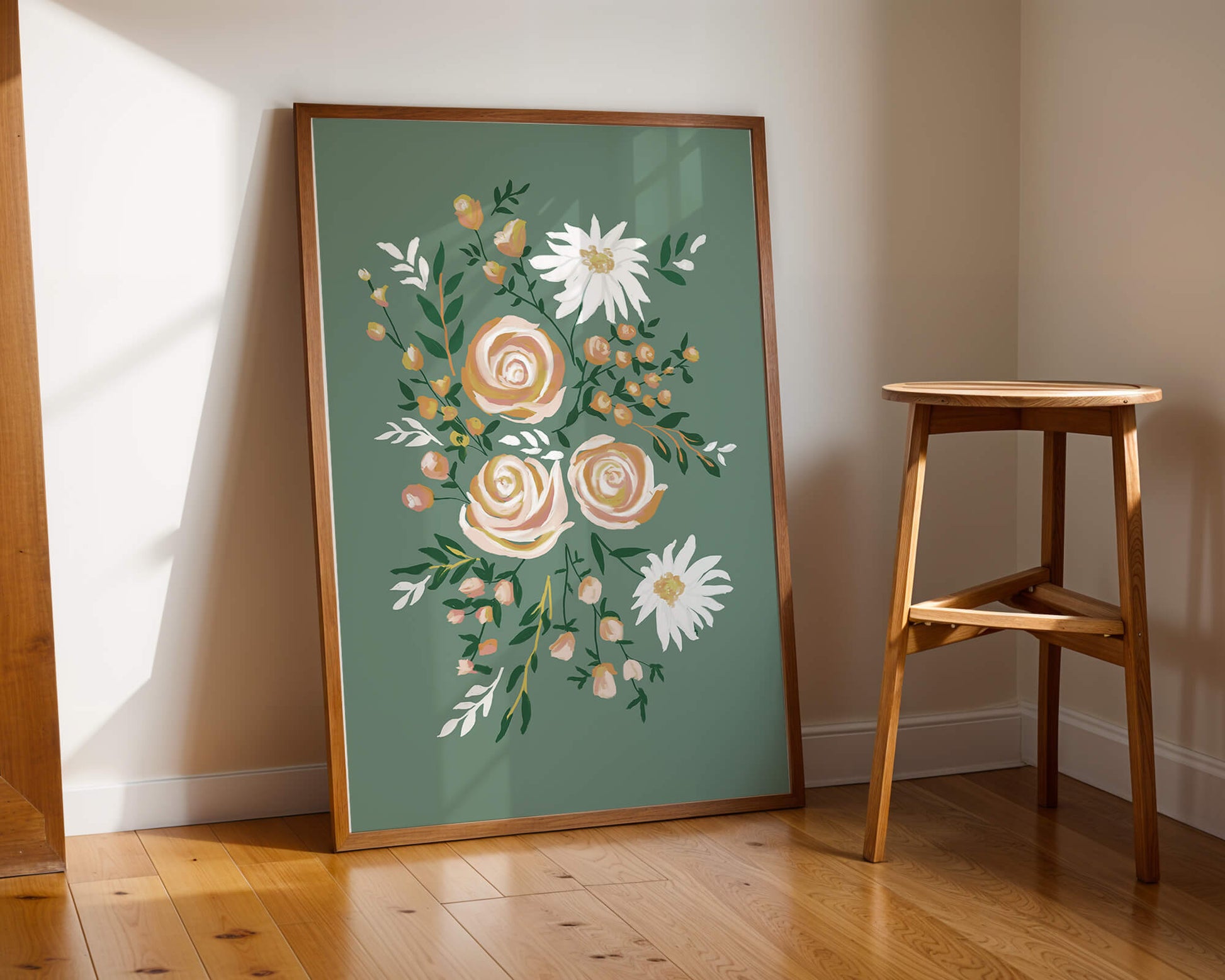 Floral illustration with roses and daisies on green background
