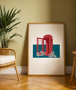 A Pink Phone Booth Surrounded by Flowers on a Teal Background