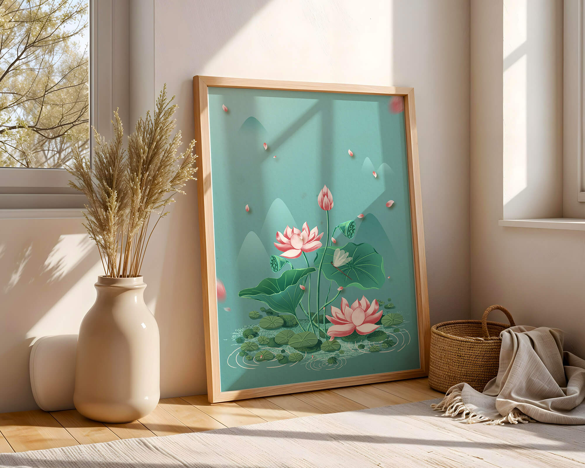 Serene illustration of lotus flowers in a tranquil pond setting with mountains