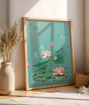 Illustration sereine de fleurs de lotus dans un étang paisible avec des montagnes