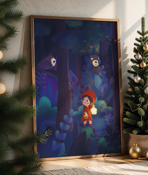 Little Girl in Red Hood Exploring Enchanted Forest at Night with Owl and Bear