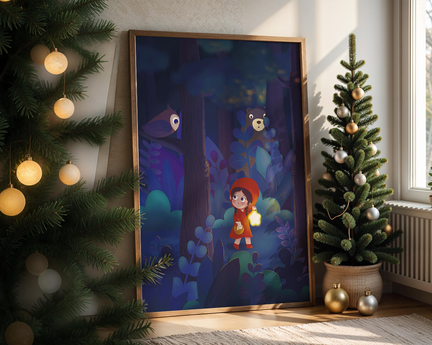 Little Girl in Red Hood Exploring Enchanted Forest at Night with Owl and Bear