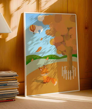 Herbstszene mit einem süßen Fuchs, Heißluftballons und einem bunten Baum