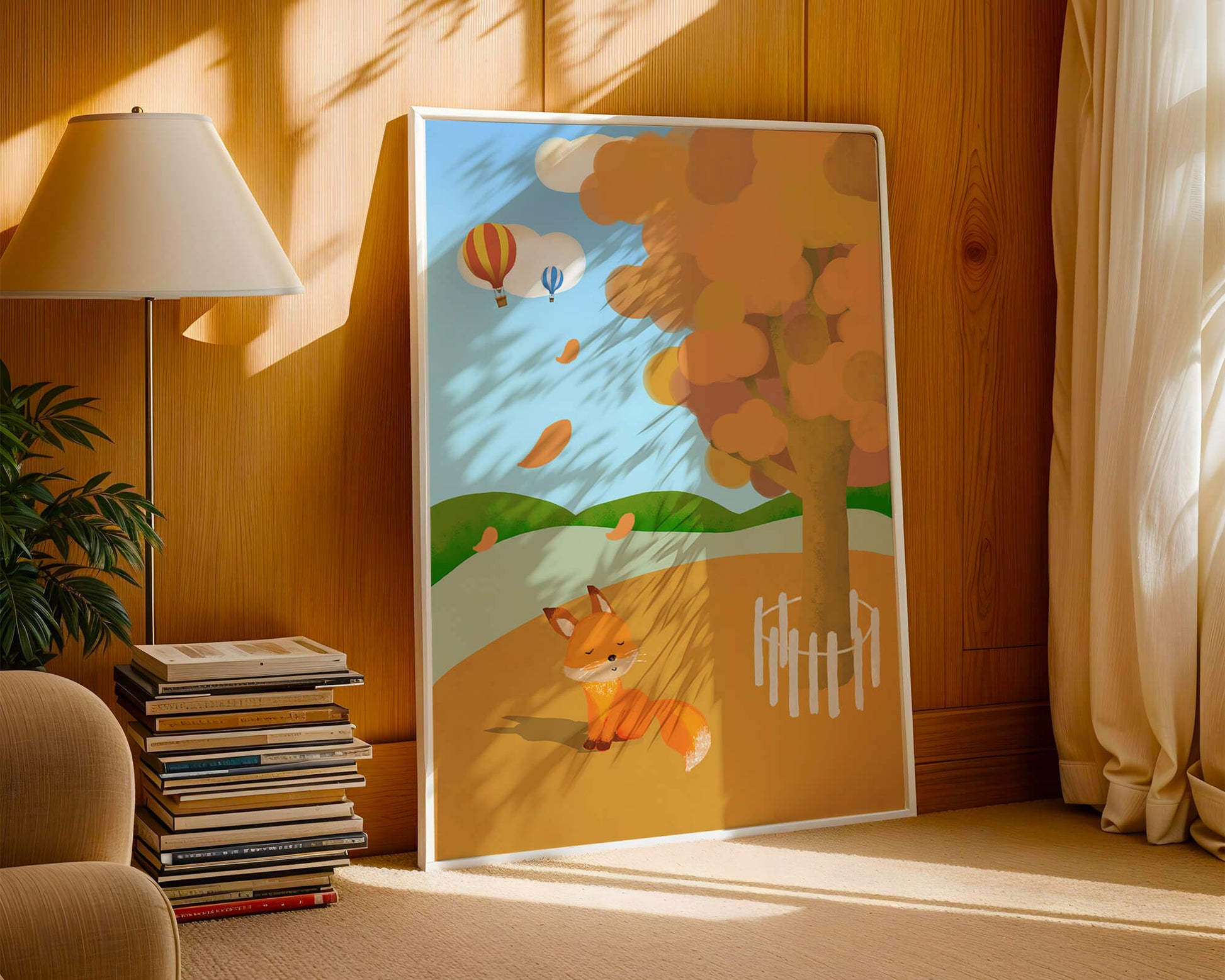 Herbstszene mit einem süßen Fuchs, Heißluftballons und einem bunten Baum