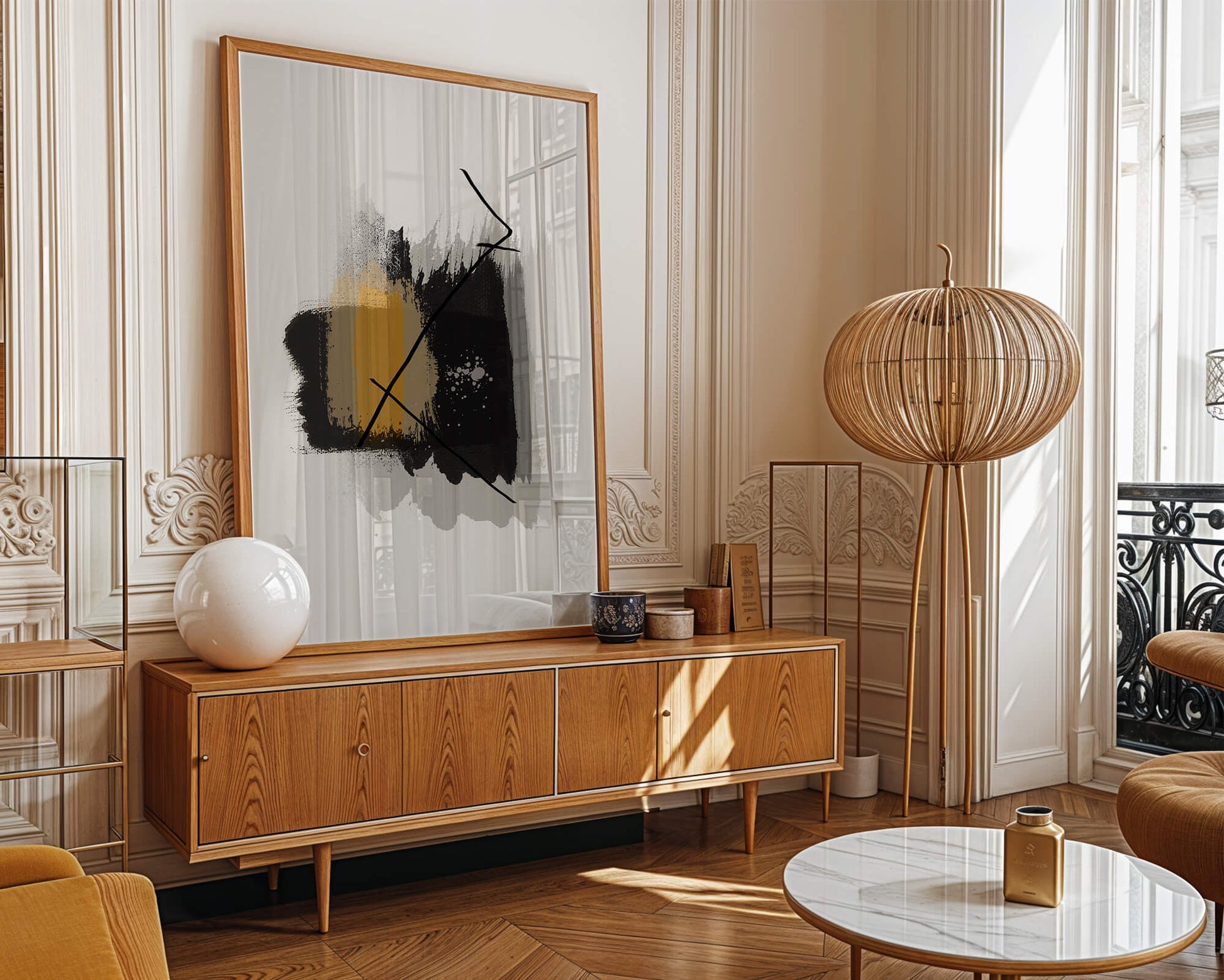 Abstract modern art with golden and black brush strokes