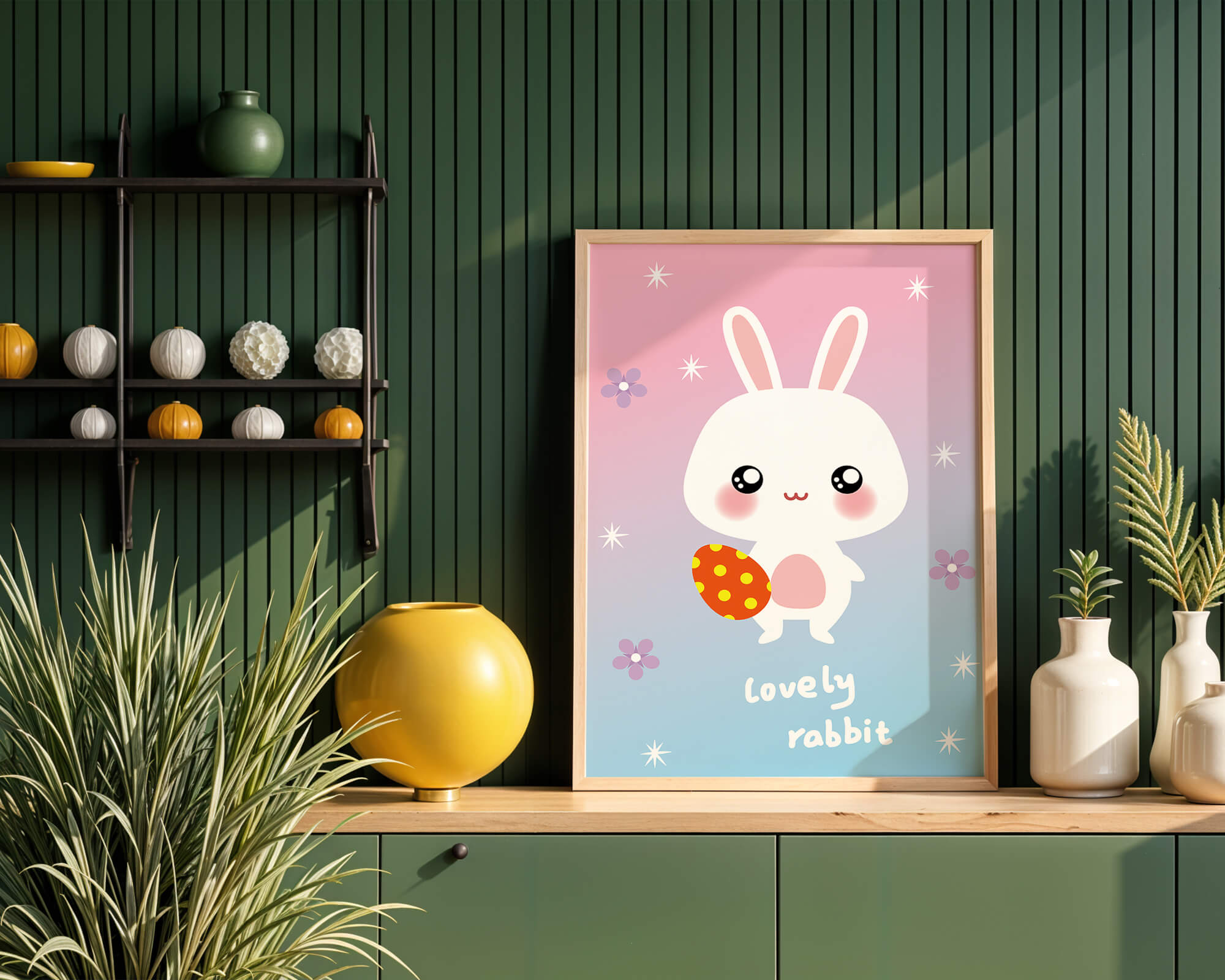 Adorable rabbit illustration with a colorful egg on a pastel background