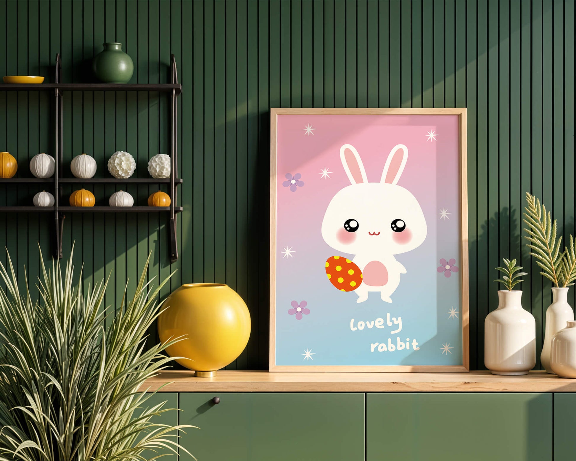 Adorable rabbit illustration with a colorful egg on a pastel background