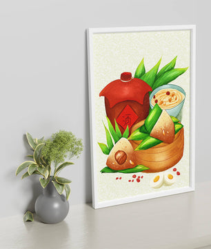 Illustrated traditional Chinese food with zongzi and rice wine