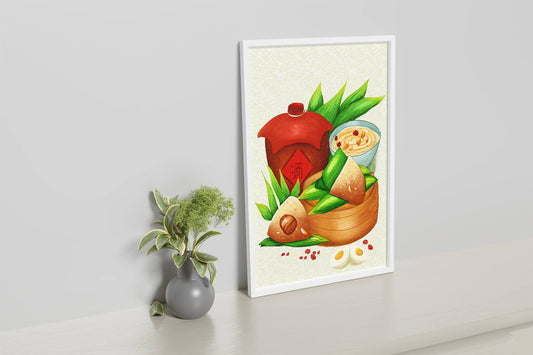 Illustrated traditional Chinese food with zongzi and rice wine