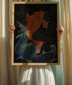 Koi Fish with Abstract Waves in Vibrant Colors