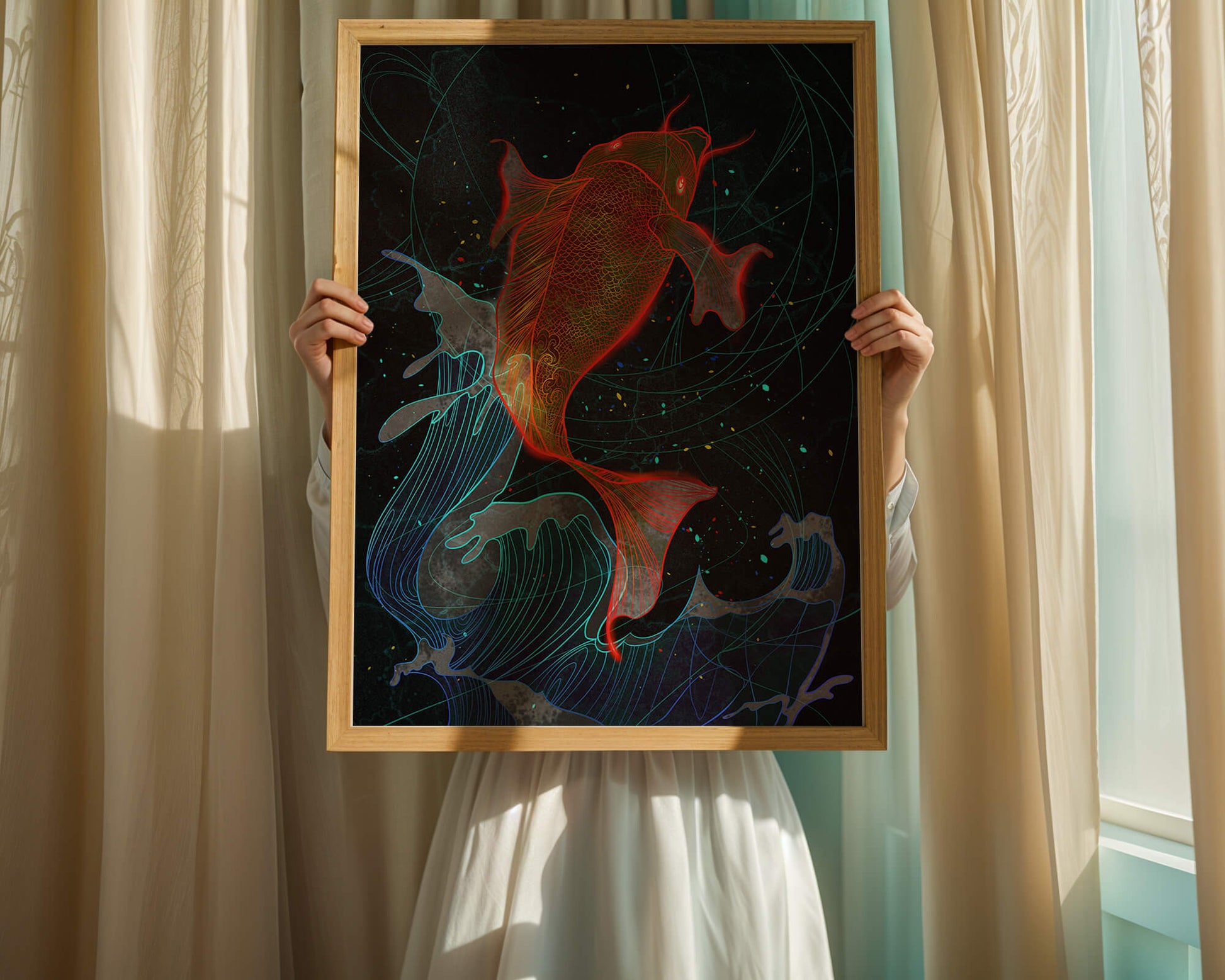 Koi Fish with Abstract Waves in Vibrant Colors